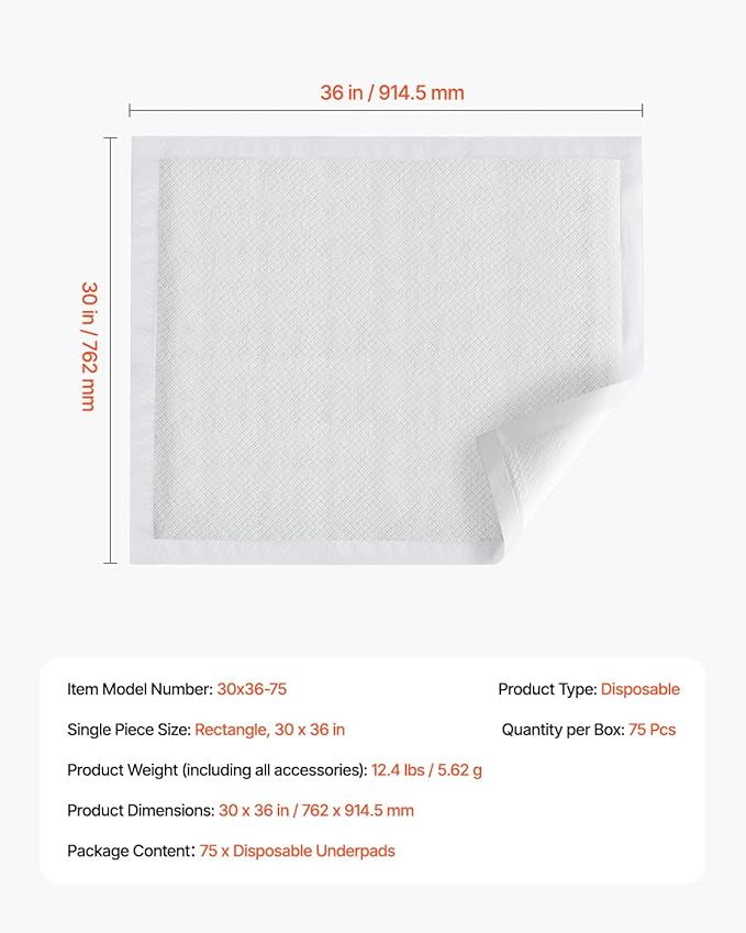 VEVOR Disposable Underpads, 30" x 36" Incontinence Bed Pads, Super Absorbent Chux Pads with 5-Layer Protection for Bed Sofa and Mattress, Protective Bedwetting Pad for Pet Adult Kid Elderly (75-Pack)