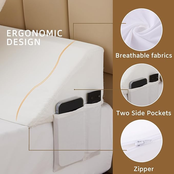 Bedluxe Queen Bed Wedge Pillow for Headboard, Wedge Pillow Headboard, Pillow Wedge for Headboard Gap, Bed Gap Filler Queen - Fill The Gap (0-7") Between Headboard and Mattress (White, 60"x10"x6")
