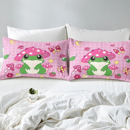 Castle Fairy Cute Mushroom Frog Duvet Cover Set King Size,Cartoon Kawaii Butterfly Animal Comforter with 2 Pillowcases,Pink Plaid Strawberry Moon Flowers Breathable Quilt for Adult Women Gift,3pcs