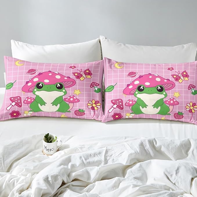 Castle Fairy Cute Mushroom Frog Duvet Cover Set ,Cartoon Kawaii Butterfly Animal Comforter with 2 Pillowcases,Pink Plaid Strawberry Moon Flowers Bedding for Girls Teens,Soft Microfiber,Full 80''x90''