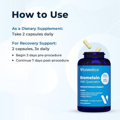 VitaMedica Bromelain & Quercetin Supplement - 500mg Bromelain 250mg Quercetin - 2400 GDU for Immunity, Joint Support, Inflammation and Muscle Recovery - 60 Vegan Capsules - 30 Servings