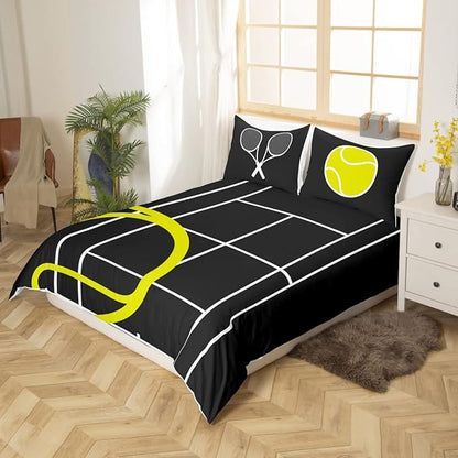 Castle Fairy Tennis Court Print Duvet Cover Set,Boys Ball Sports Games Themed Comforter with 2 Pillowcases,Yellow Racket Sporting Equipment Bedspread for Boys Teens Present, Soft, Full 80''x90''