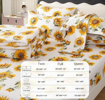 SDY 7PCS Sunflower Comforter Set Queen Size Cute Printed Comforter Sets Bed in a Bag for Toddler,Girls Boys and Kids, with Comforter, Flat Sheet, Fitted Sheet and Pillowcases & Shams