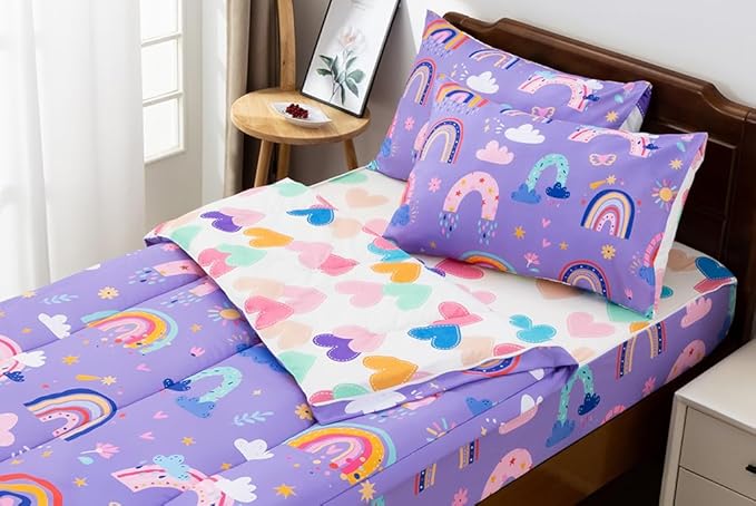 Holawakaka Kids Zipper Bedding Rainbow Comforter Set, Boys Girls Twin Size Bohemian Love Heart Stars Flowers Print Zippered Bed Sets, Child Boho Dorm Zip Bedding
