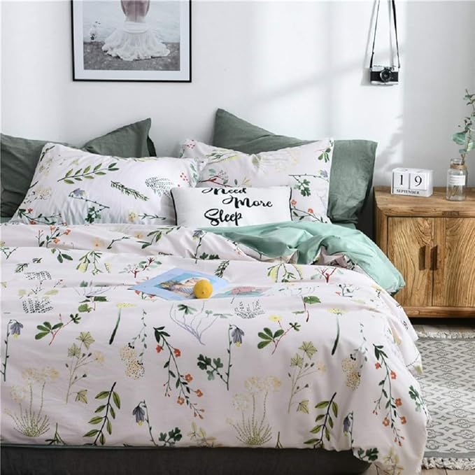 Floral Duvet Cover Queen 100% Soft Cotton 3 Pieces Queen Botanical Bedding Set Reversible Floral Themed Blossom Fresh Plant Duvet Cover, with Zipper Closure, Breathable (No Comforter)
