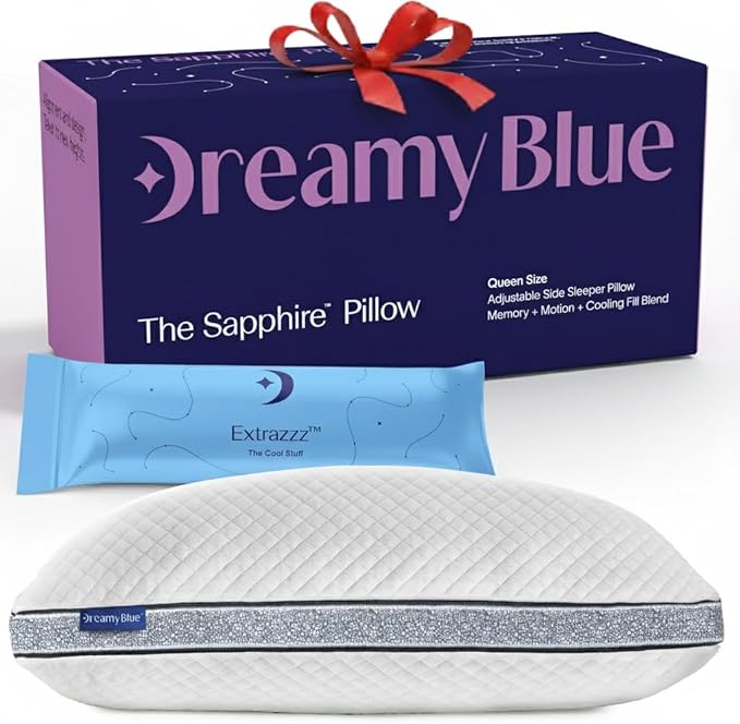 DreamyBlue Gusseted Sapphire Pillow • Adjustable Loft, Luxury Cover, Shredded Memory Foam Fill w/Cooling Beads • Ideal for Wide Shoulders • Neutral Alignment for All • CertiPUR-US Certified (King)