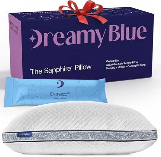 DreamyBlue Gusseted Sapphire Pillow • Adjustable Loft, Luxury Cover, Shredded Memory Foam Fill w/Cooling Beads • Ideal for Wide Shoulders • Neutral Alignment for All • CertiPUR-US Certified (King)