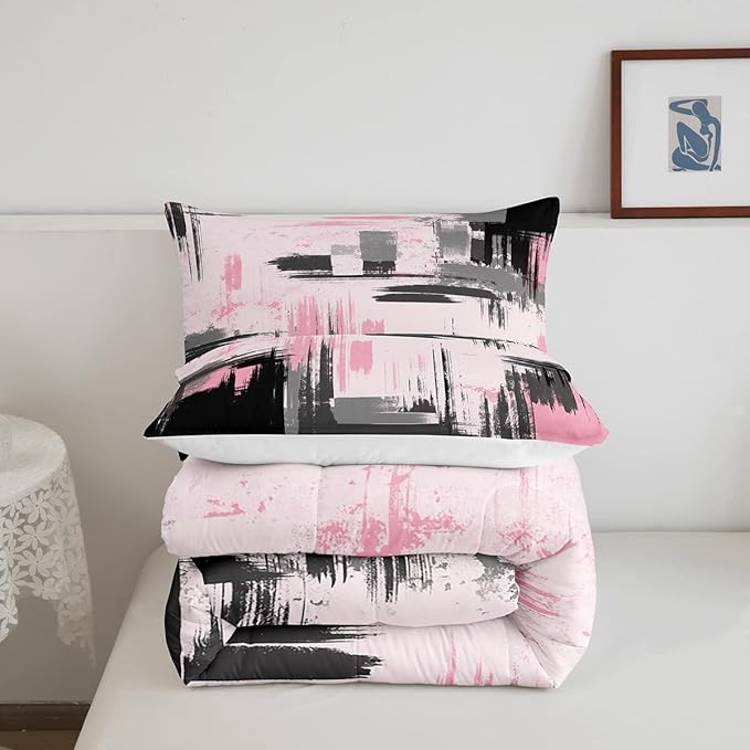 Feelyou Abstract Bedding Set Kids Modern Abstract Art Comforter Set Pink Black Comforter for Boys Room Decor Lightweight Retro Duvet Set Toddler Size with 1 Pillow Case