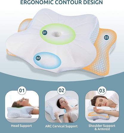 Cervical Memory Foam Pillow for Neck and Shoulder, Ergonomic Contour Cervical Pillow for Sleeping with 2 Heights, Cooling Neck Support Pillows for Side Back Stomach Sleeper Standard Size Blue