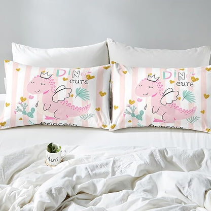 Castle Fairy Pink Dino Bedding Set Queen Size,Kawaii Cute Dinosaur Princess Duvet Cover Set for Children Adult,Cartoon Animal Girly Heart Stripes Soft Comforter Cover for Dorm Room, Zipper, Ties