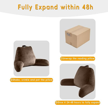 Reading Pillow for Sitting in Bed Adult, Reading Pillow with Shredded Memory Foam, Back Pillow for Sitting Up with Extend Arms, Pockets, Bed Pillow with Washable Cover,Brown, X-Large