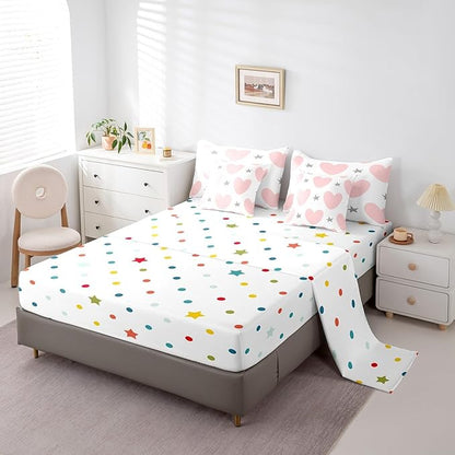 Feelyou Girls Cute Love Heart Comforter Set with Sheets 7 Piece Full Size Kids Lovely Warm Sweet Bed in a Bag Star Love Heart Pattern Bedding Set Breathable Romantic Pink Grey Bed Set Room Decor