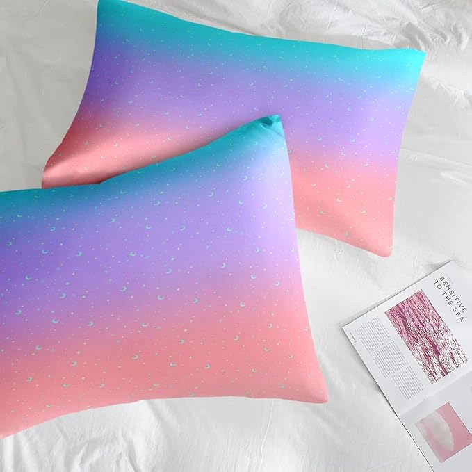 Comforter Set Twin Size, Colorful Rainbow Star Moon 5 Pcs Bedding for Kids and Adults, Purple Pink Blue Gradient Bed Sheet Sets with Fitted Sheet Pillowcase & Sham for Bedroom Bed Decor