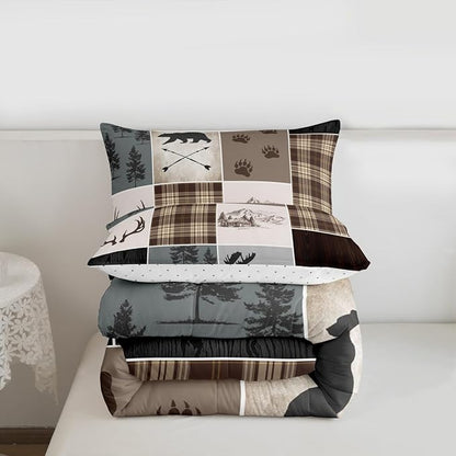 Hunting Camper Comforter Set Queen Size Bear Elk Arrow Wild Animals Bedding Set Kids Boys Teens Women Rustic Farmhouse Cabin Home Decor 3pcs,Retro Geometric Stripes Plaid Duvet Insert,Brown Grey