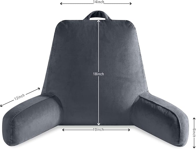 Reading Pillow for Sitting in Bed Adult, 18" H for Bed Sitting Up with Shredded Memory Foam, Back Support with Washable Cover, Backrest Pillow with Extend Arms, Gery, Large