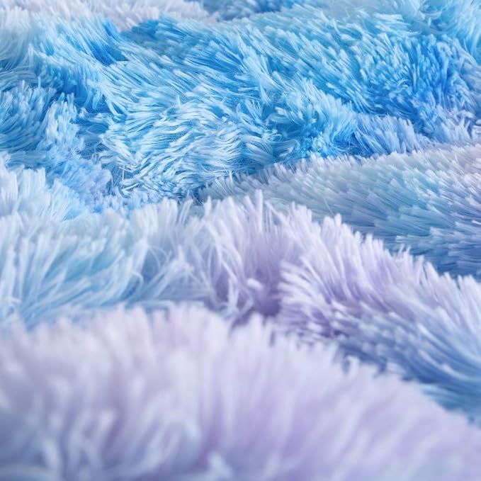 Wajade Faux Fur Plush Galaxy Blue Comforter Set Fluffy Fuzzy Shaggy Bedding Set - 3PC Full Size Microfiber Soft Warm Quilt Set