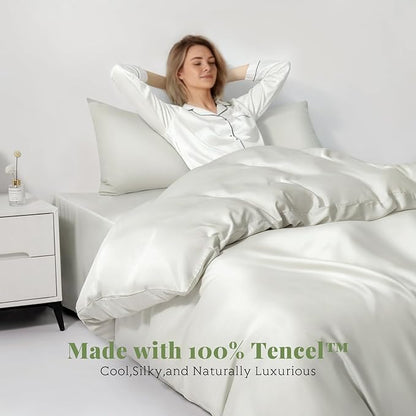 Tencel Duvet Cover Set, Full/Queen Size Cooling Duvet Cover for Hot Sleepers, 100% Eucalyptus Lyocell, 3 Pieces, 1 Zipper Closure Duvet Cover (90" x 90") and 2 Pillowcases (20" x 30") - Sand