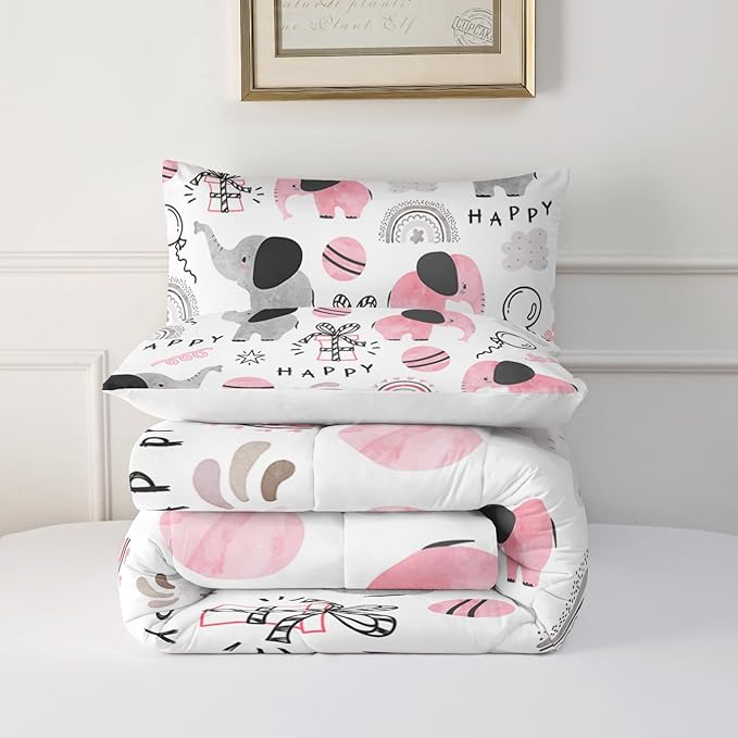 Pink Elephant Comforter Set Twin Size, Rainbow and Balloon Comforter for Kids Girls, Cute Cartoom Animal Soft Comforter Set with 1 Comforter+2 Pillowcases for Bedroom Bed Deco