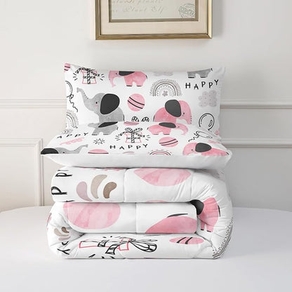 Pink Elephant Comforter Set Twin Size, Rainbow and Balloon Comforter for Kids Girls, Cute Cartoom Animal Soft Comforter Set with 1 Comforter+2 Pillowcases for Bedroom Bed Deco