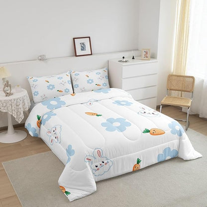 Cartoon Rabbit Kids Comforter Set Full Size 3 Pcs Blue 70s Groovy Hippie Daisy Bedding Set for Kids Boys Girls Teens Orange Carrot Cute Wild Animals Microfiber Duvet Set with 2 Pillowcases