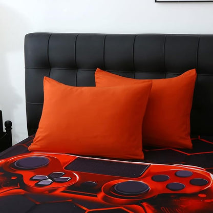 Wajade Game Console Comforter Set for Boys 7 Piece Orange 3D Gaming Geometric Bedding Sets for Kids Twin Size as Birthday with Comforter, Sheet Set, Pillowcase and Sham
