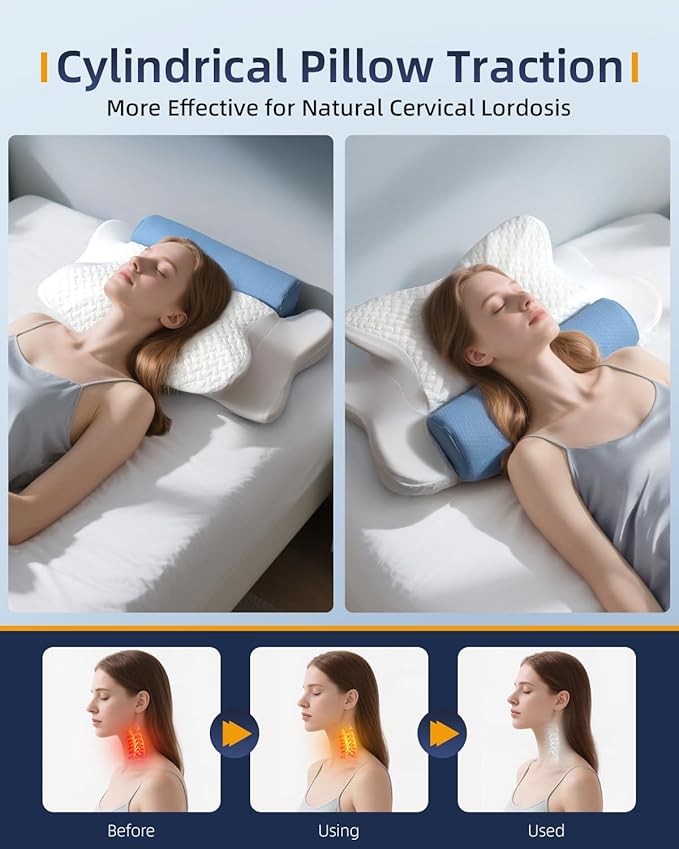 Cervical Neck Pillows with Round Cervical Roll Cylinder Bolster Traction Pillow(2 in 1 Removable) Ergonomic Contour Memory Foam Pillow for Relaxer Neck&Shoulder Pain Relief for Sleepers(White&Blue)