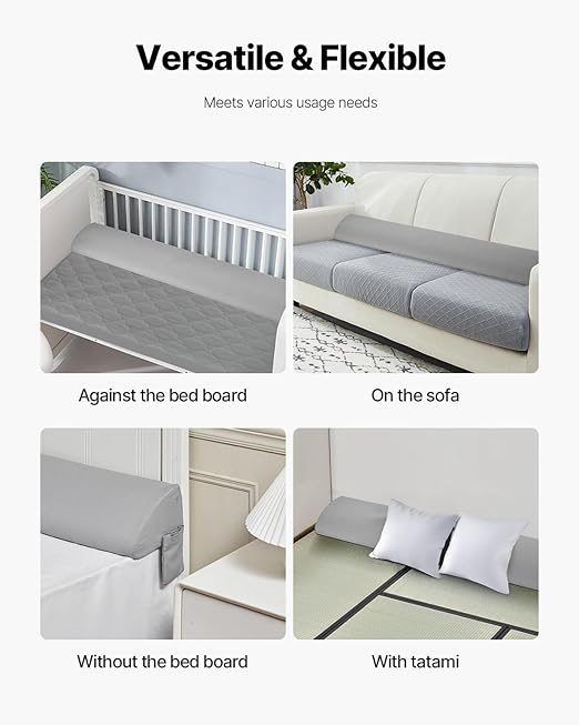 VEVOR Bed Wedge Pillow for Headboard, King Size, 76"x8"x6" Bed Gap Filler, Fill 0-5" Gap Between Headboard and Mattress, 25D Foam Mattress Wedge Headboard Pillow with Side Pocket, for Backrest, Gray
