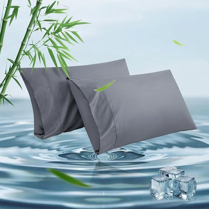 King Pillowcases, Cooling Pillow Covers with Envelope Closure, Soft Moisture-Wicking for Hot Sleepers, Hair and Skin-Friendly, Gray, 2 Pack