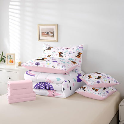 Erosebridal 7Pcs Floral Dachshund Kids Bedding Set for Boys,King Size Comforter Set with Sheets and Pillowcase,7Pcs Bed in a Bag,Cartoon Animal Children Bed Set, Cute Flower Comforter