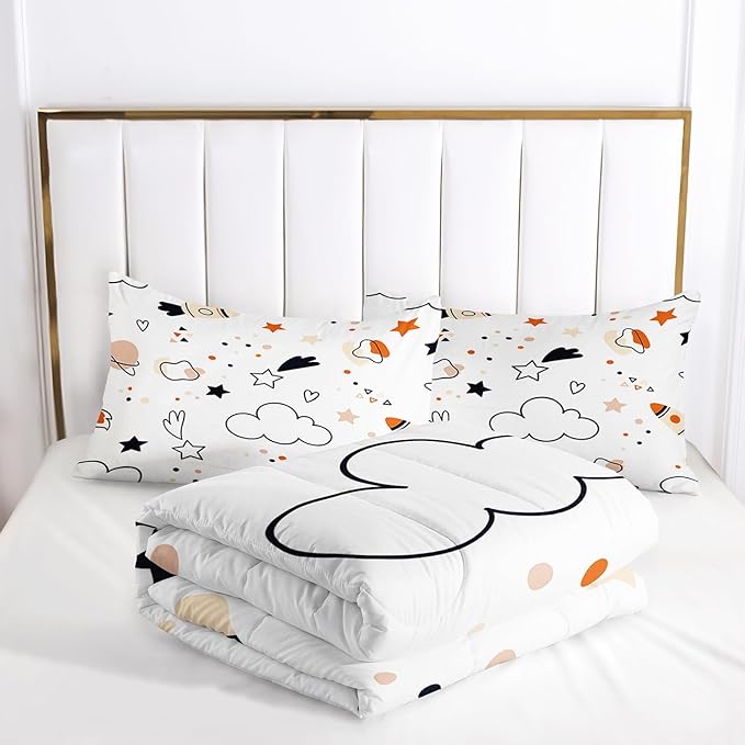 Space Comforter Set Queen Size for Kids Teens and Adults Cartoon Rockets and Clouds Printed Quilt Set for Bedroom 100% Soft Microfiber All Season Print Quilt Set with 1 Comforter and 2 PillowCases