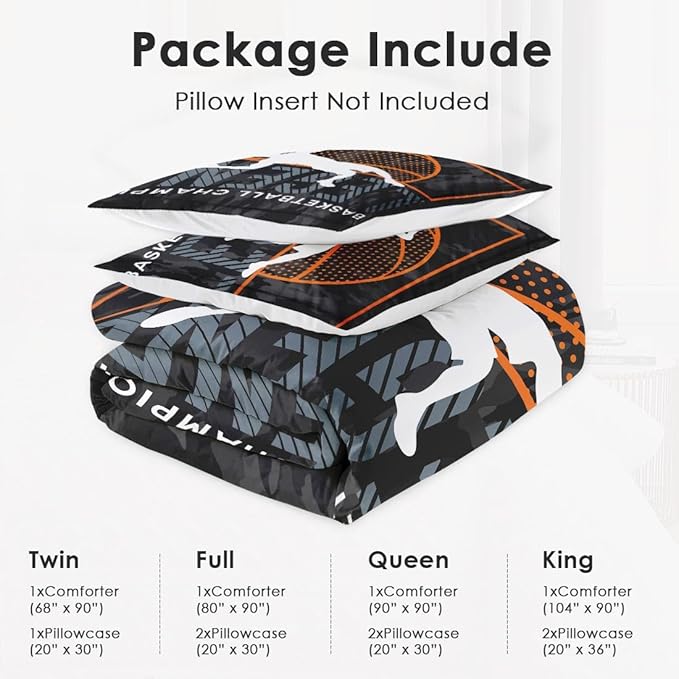 Queen Size Comforter Set with 2 Pillowcase, Vintage Basketball Sport Black Soft 3 Pcs Bedding for Kids and Adults, Bed Decor Urban Comforter Set for Room Bedroom