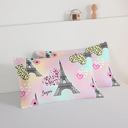 HOSIMA Eiffel Tower Comforter Rainbow Bedding Sets 3Pieces,Lovers Sweet Couple Paris Bedroom Comforter Set,Leopard Print Heart King Size Comforter Modern French Style Girls Bedroom Decor.