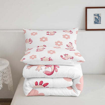 Pink Axolotl Daisy Comforter Set Lovely Cartoon Wild Sealife Decor Bedding Comforter for Kids Girls Teens Watercolor Groovy Hippie Flowers Dreamy Bedroom Quilt Set with 2 Pillowcases Queen Size 3 Pcs