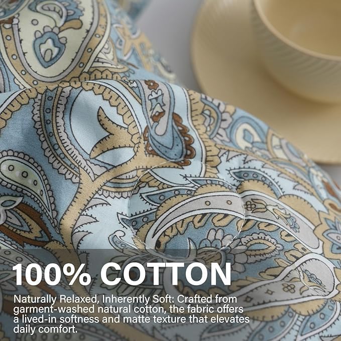 100% Cotton Duvet Cover King Size Blue Boho Paisley Pattern Duvet Cover Sets with Zipper Closure 3 Pcs Soft & Breathable Luxury Bedding Sets