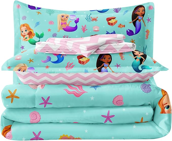 Kids Twin Comforter Set with Sheets for Girls 5-Piece Complete Set Easy-Wash Super Soft Microfiber Comforter Bedding, Mermaid Bed Set Twin Size