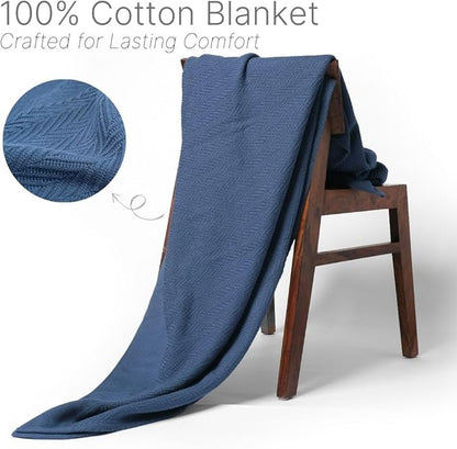 100% Cotton Herringbone Weave Blankets, 90"X90" Queen, Throw Blanket for Bed,All Season Cotton Blanket, Cozy Blanket,Throws Bed Blanket, Throw Blanket for Couch,Modern Home Decor -Navy Blue