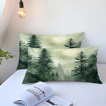 Pine Tree Duvet Cover Queen Size Forest Olive Green Duvet Cover Set Gradient Watercolor Botanical Bedding Set Soft Breathable Microfiber Comforter Cover(2 Pillowcases, No Comforter)