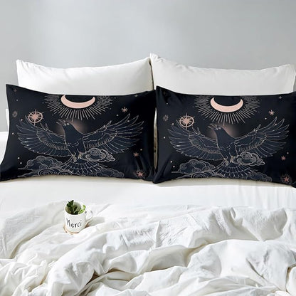 Castle Fairy Flying Bird and Moon Bedding Set Twin,Golden Stars Cloud Duvet Cover with 1 Pillow Sham Comforter Cover for Kids Boys,Raven Night Sky Quilt Cover Set Decorative 2 Pcs