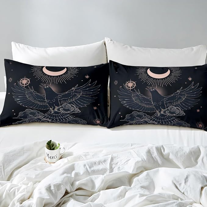 Flying Bird and Moon Duvet Cover Set King Size,Golden Stars Cloud Comforter Cover with 2 Pillowcases,3 Piece,Raven Night Sky Bedding Set for Adult Young Bedroom Xmas Gift