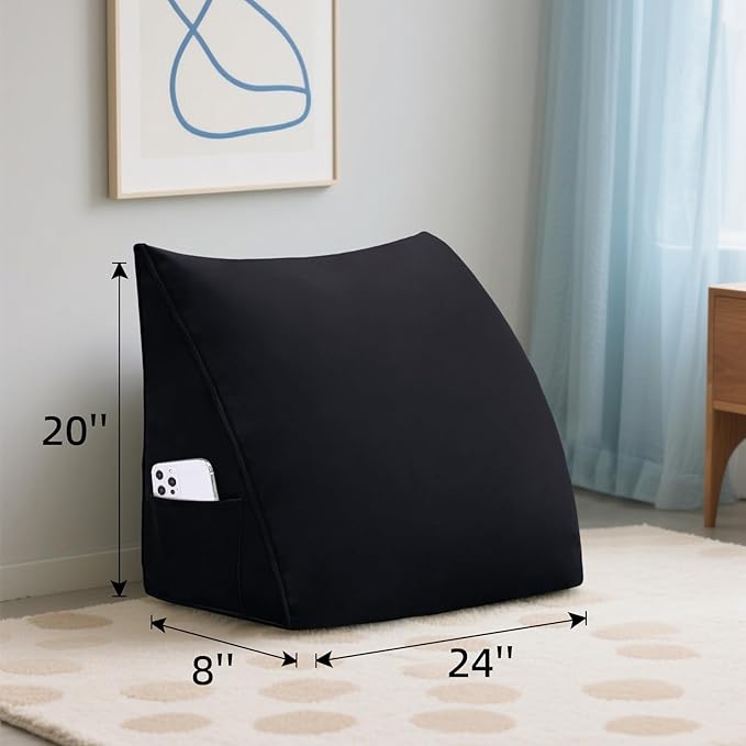 Wedge Headboard Reading Pillow for Bed Velvet Triangular Backrest Bolster Pillow for Sitting Up Daybed Cushion Lumbar Body Support Positioning for Headboard, Couch, Dorm, Black