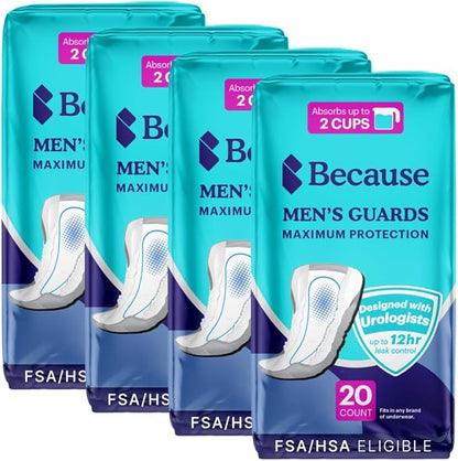 Because Premium Guards for Men - 80 Count Pack of Discreet, Individually Wrapped Bladder Protectors - Complete Absorbency, Fast-Locking, Odor Control - Comfort Fit, 2 Cups of Absorbency