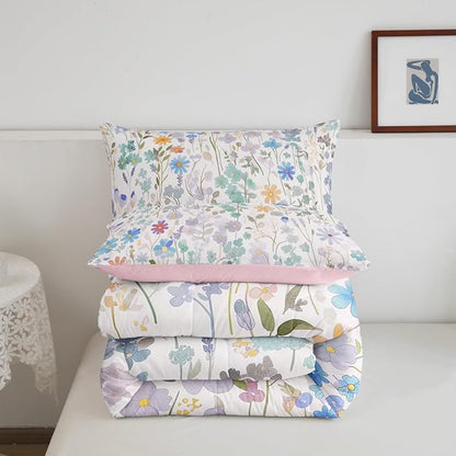 Erosebridal Colorful Floral King Bedding Sets for Girls Boys Kids,Green Blue Cute Flower Comforter Set Boho Home Decor,Watercolor Wildflower Quilt Bed Set Wild Flowers Bed Comforter Set 3Pcs