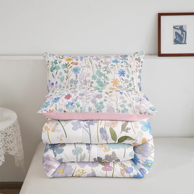 Erosebridal Colorful Floral Full Bedding Sets for Girls Boys Kids,Green Blue Cute Flower Comforter Set Boho Home Decor,Watercolor Wildflower Quilt Bed Set Wild Flowers Bed Comforter Set 3Pcs