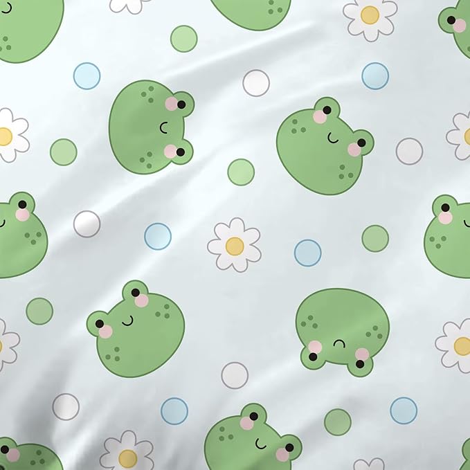 Frog Sheets Set Twin: Kawaii Flower Frogs Bedding for Kids Girls Teens Bedroom Bed - 1 Flat Sheet, 1 Fitted Sheet, 1 Pillowcase