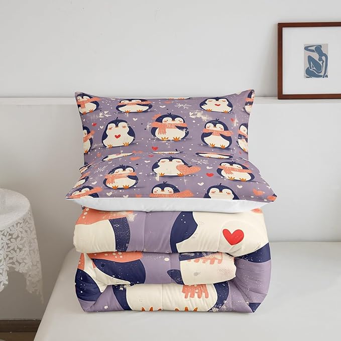 Kawaii Penguin Bedding Set King Size Pink Love Heart Comforter for Child Teens Cartoon Antarctic Animals Down Comforter Winter Snowflake Duvet Insert with 2 Pillowcases