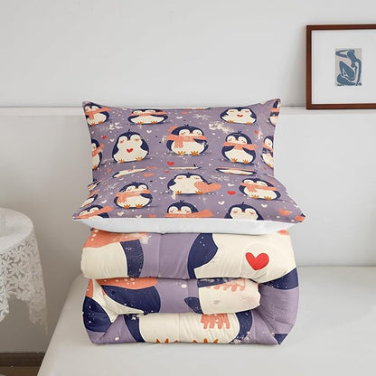 Kawaii Penguin Bedding Set Queen Size Pink Love Heart Comforter for Child Teens Cartoon Antarctic Animals Down Comforter Winter Snowflake Duvet Insert with 2 Pillowcases