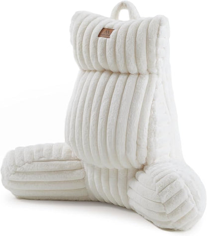 Amélie Home Faux Fur Reading Pillow with Pocket for Sitting in Bed, Adult Backrest Bed Pillow with Washable Cover for Lounging, Study & Relaxing, Ivory 25 inches