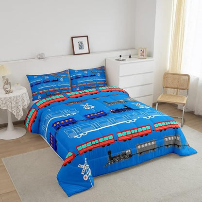 Feelyou Cartoon Car Comforter Set for Kids Boys Girls Vintage Car Comforter Train Bedding Set Decor Retro Steam Train Blue Light Sign Duvet Set King Size Quilt 3Pcs Boys