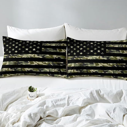 Camo American Flag Duvet Cover Twin Size, Ultra Soft 2 Piece Green Camoufalge Print and Black Stripes Comforter Cover for Kids Boys Bedroom, USA Flag Bedding Set with 1 Pillow Sham