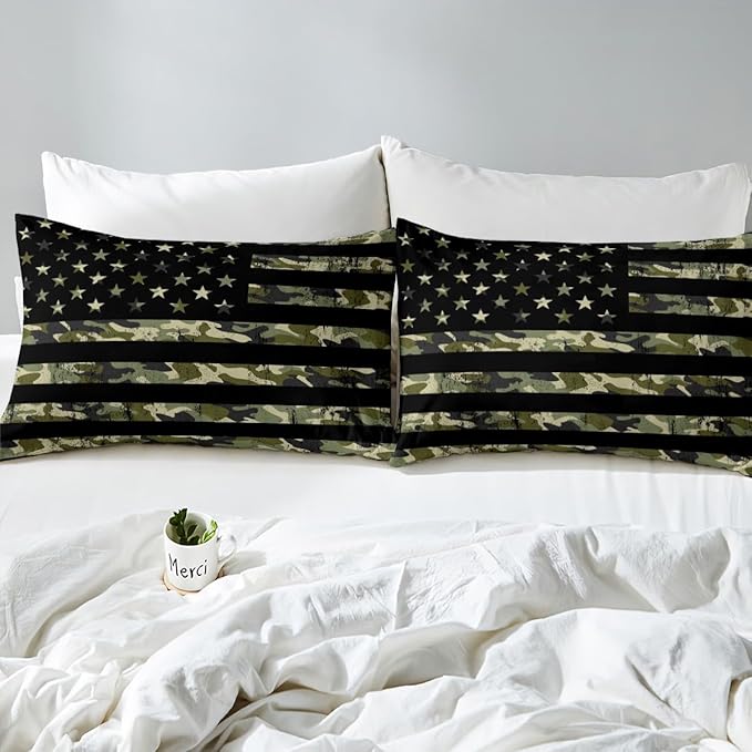 Camouflage American Flag Comforter Cover Full Size, Patriotic Stars and Stripes Print USA Flag Duvet Cover with 2 Pillowcases, American Culture Theme Bedding Set for Girls Teens Room, Green